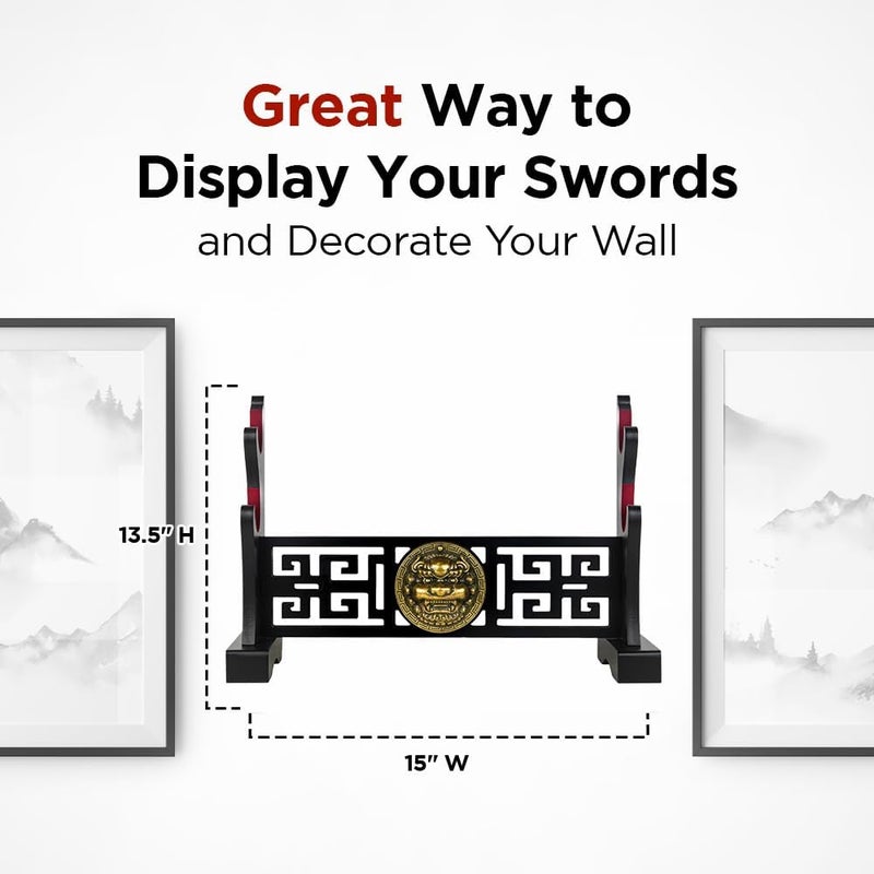 Logest Sword Stand - 4 Tier Options Available - Crafted Using Wood Katana Holder - Furnished in Black With a Gold Lion’s Head - Desirable Sword Display Gift Option - Sword Holder Katana Stand (2-Tier) - Image 2